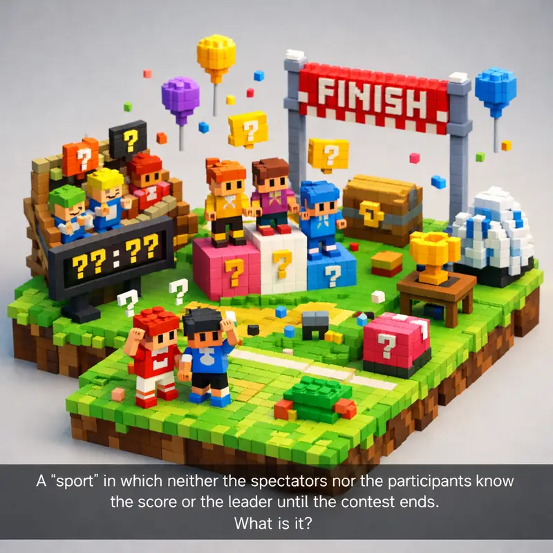 Illustration for riddle: A "sport" in which neither the spectators nor the participants know the score or the leader until th