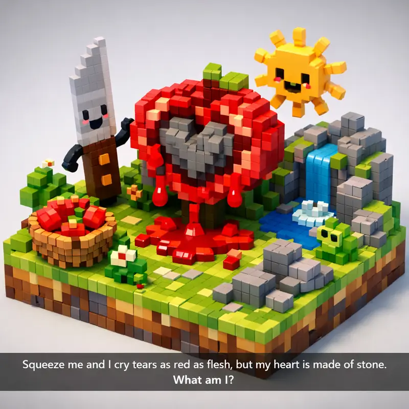 Squeeze me and I cry tears as red as flesh, but my heart is made of stone.
What...