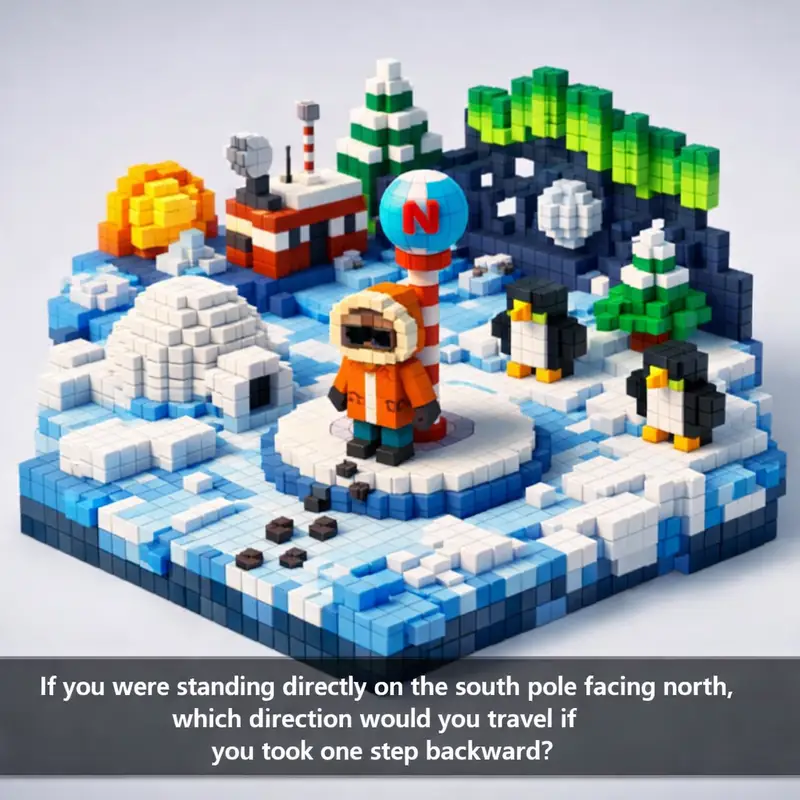 Illustration for riddle: If you were standing directly on the south pole facing north, which direction would you travel if yo