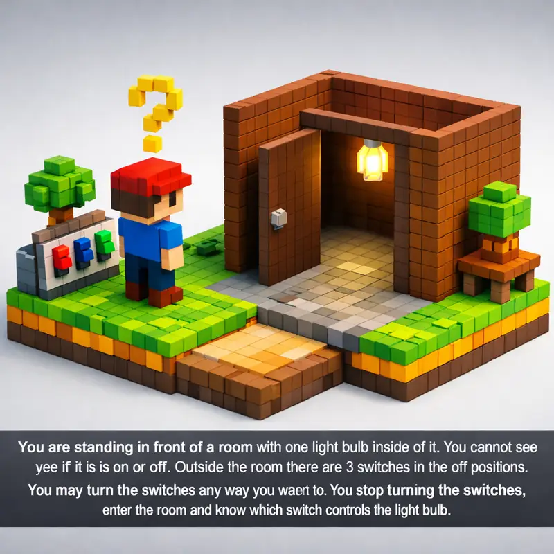 Illustration for riddle: You are standing in front of a room with one light bulb inside of it. You cannot see if it is on or