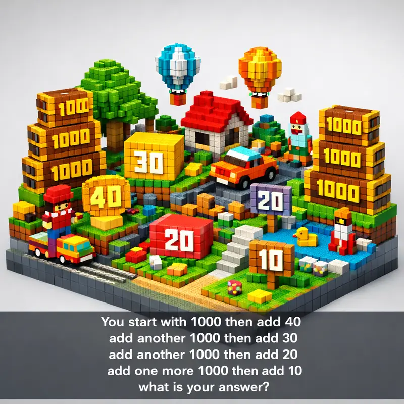 Illustration for riddle: You start with 1000 then add 40
add another 1000 then add 30
add another 1000 then add 20
add one mo