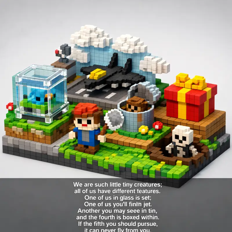 Illustration for riddle: We are such little tiny creatures;
all of us have different features.
One of us in glass is set;
One