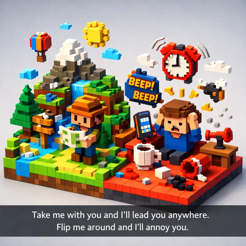 Illustration for riddle: Take me with you and I'll lead you anywhere. Flip me around and I'll annoy you.