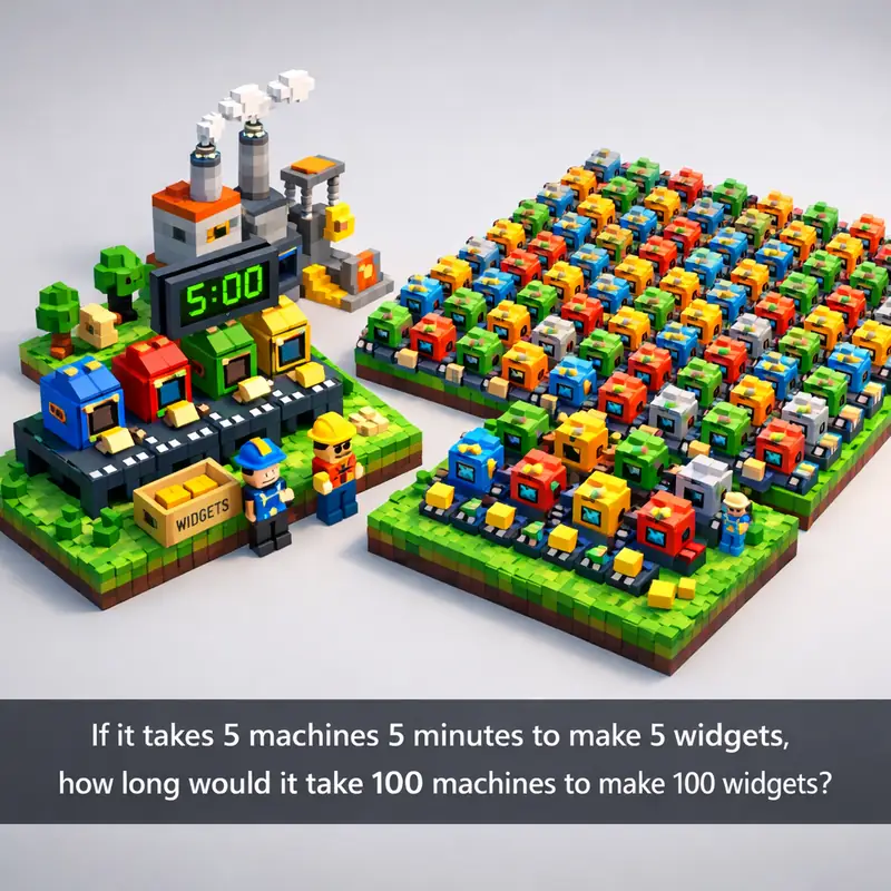Illustration for riddle: If it takes 5 machines 5 minutes to make 5 widgets, how long would it take 100 machines to make 100