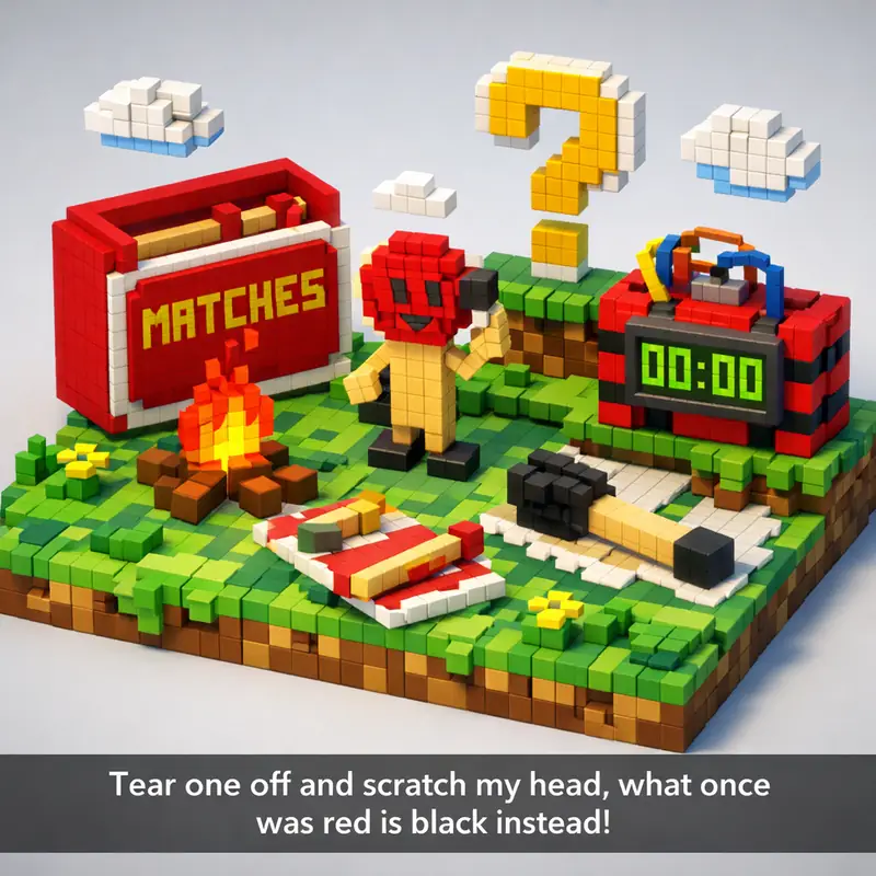 Illustration for riddle: Tear one off and scratch my head, what once was red is black instead!