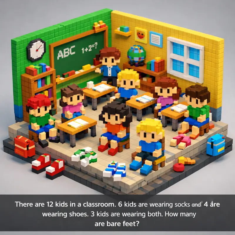 There are 12 kids in a classroom. 6 kids are wearing socks and 4 are wearing sho...