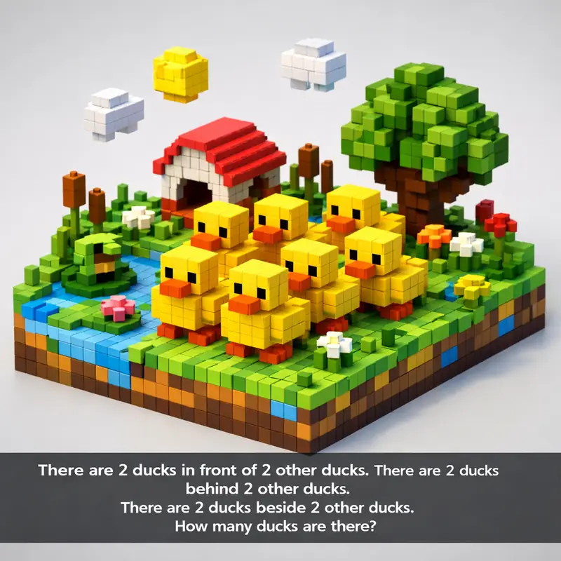 Illustration for riddle: There are 2 ducks in front of 2 other ducks. There are 2 ducks behind 2 other ducks. There are 2 duc