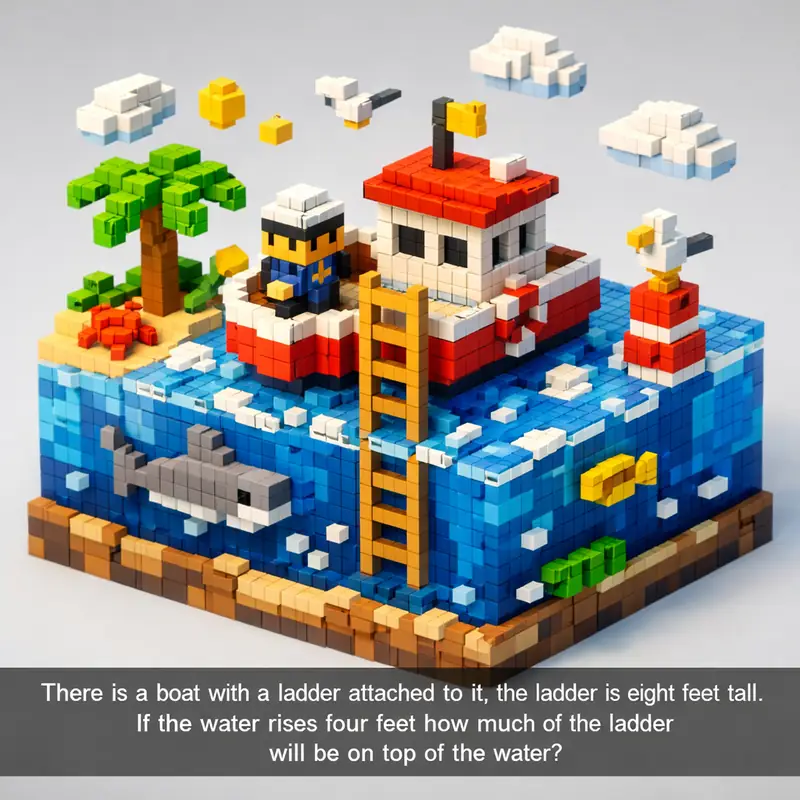 Illustration for riddle: There is a boat with a ladder attached to it, the ladder is eight feet tall. If the water rises four