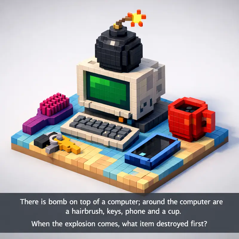 Illustration for riddle: There is bomb on top of a computer; around the computer are a hairbrush, keys, phone and a cup.
When