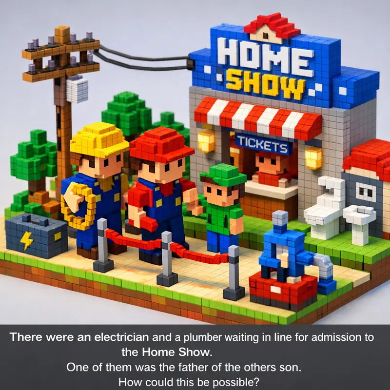 Illustration for riddle: There were an electrician and a plumber waiting in line for admission to the Home Show. One of them