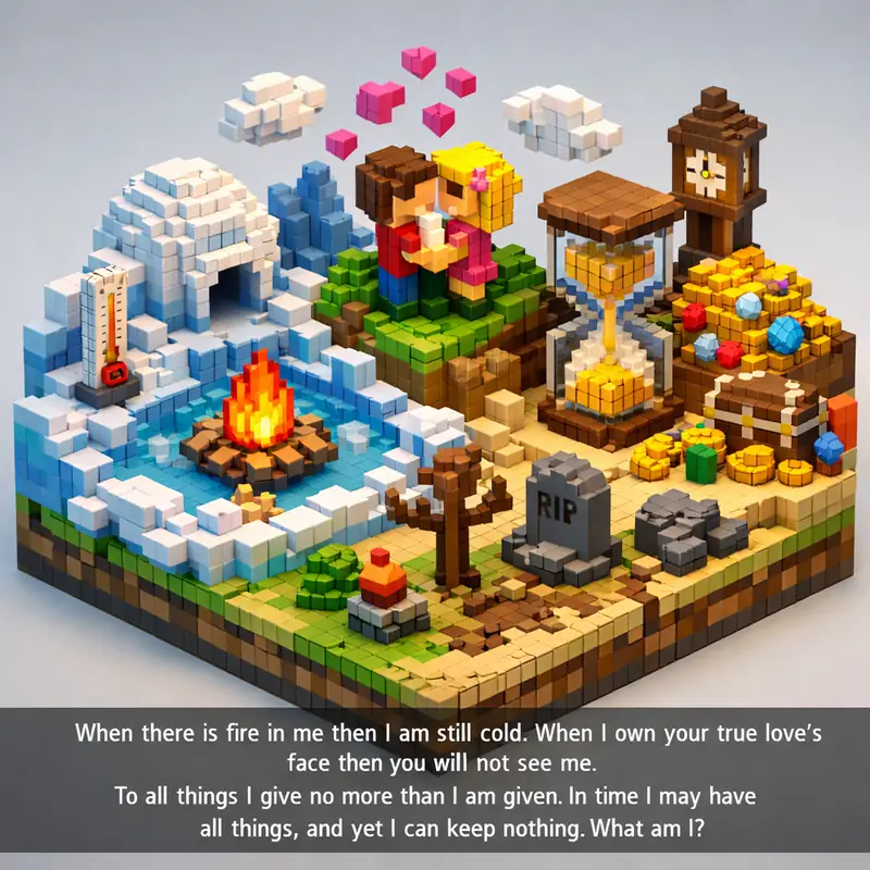 Illustration for riddle: When there is fire in me then I am still cold. When I own your true love's face then you will not se