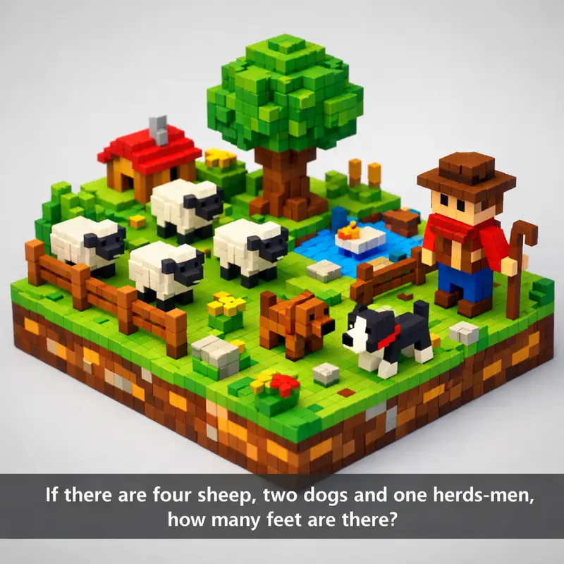 Illustration for riddle: If there are four sheep, two dogs and one herds-men, how many feet are there?