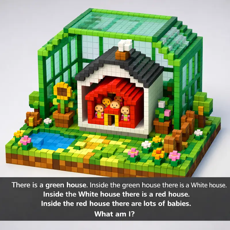 There is a green house. Inside the green house there is a White house. Inside th...