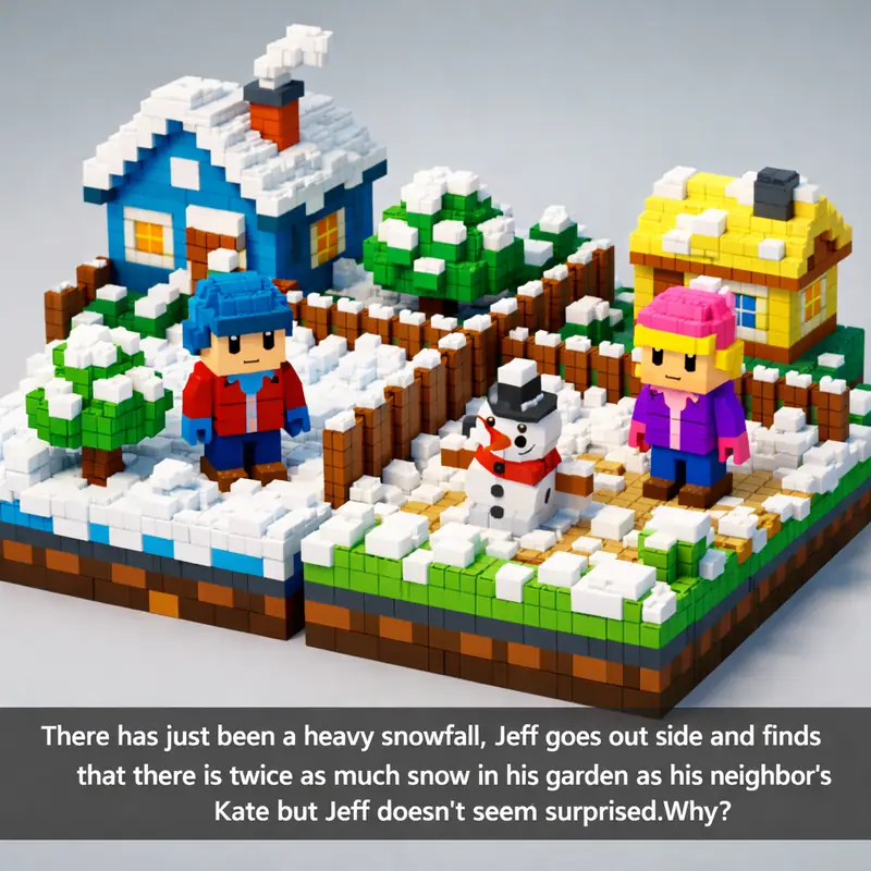 Illustration for riddle: There has just been a heavy snowfall, Jeff goes out side and finds that there is twice as much snow