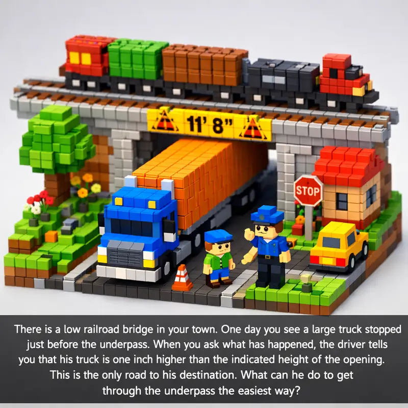 Illustration for riddle: There is a low railroad bridge in your town. One day you see a large truck stopped just before the u