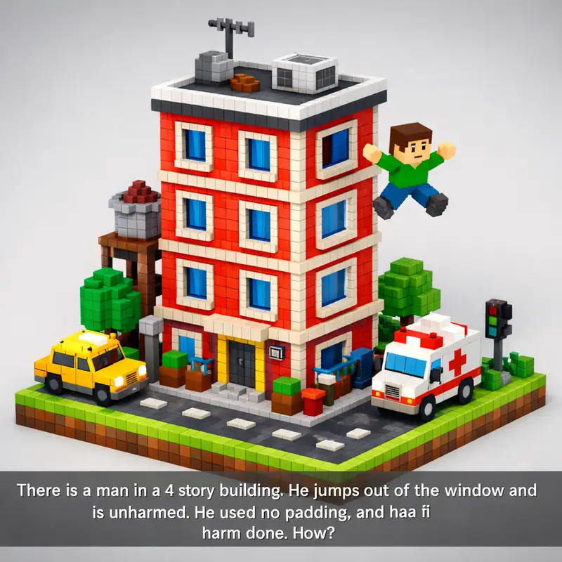 Illustration for riddle: There is a man in a 4 story building. He jumps out of the window and is unharmed. He used no padding