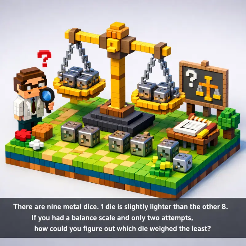 Illustration for riddle: There are nine metal dice. 1 die is slightly lighter than the other 8. If you had a balance scale an