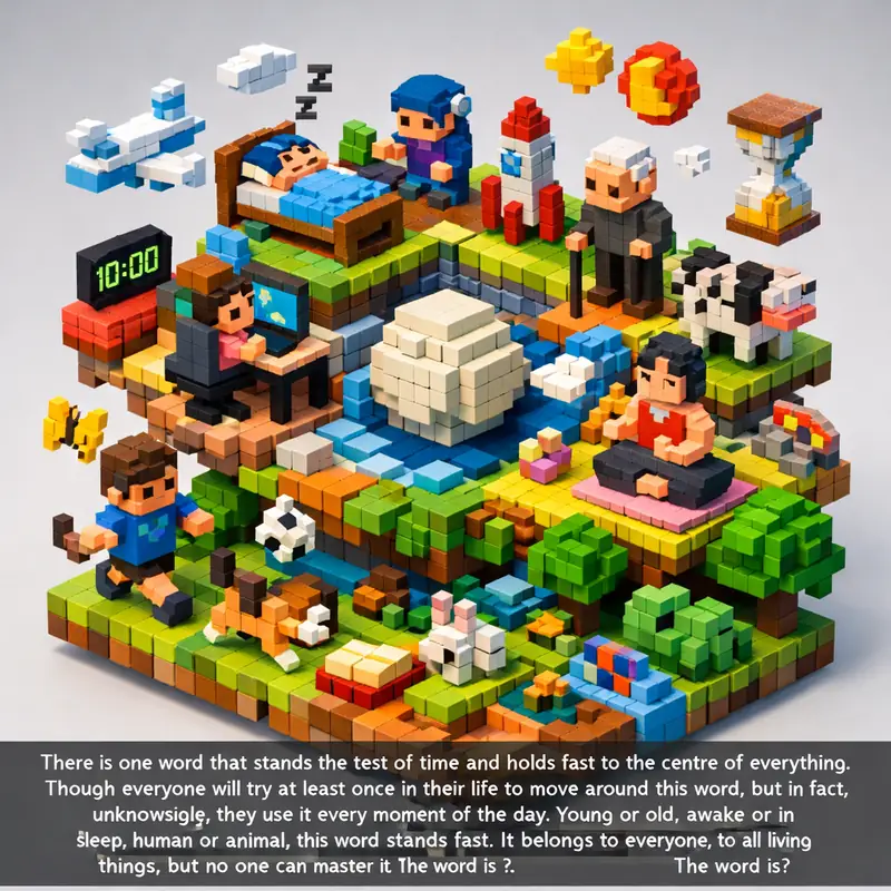 Illustration for riddle: There is one word that stands the test of time and holds fast to the center of everything. Though ev