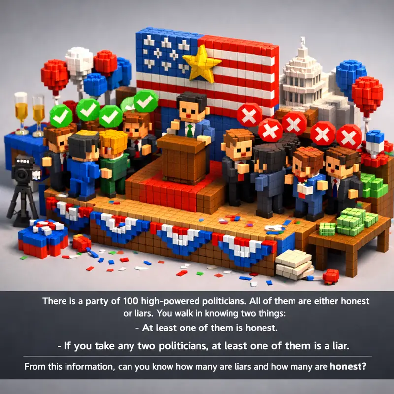 Illustration for riddle: There is a party of 100 high-powered politicians. All of them are either honest or liars. You walk i
