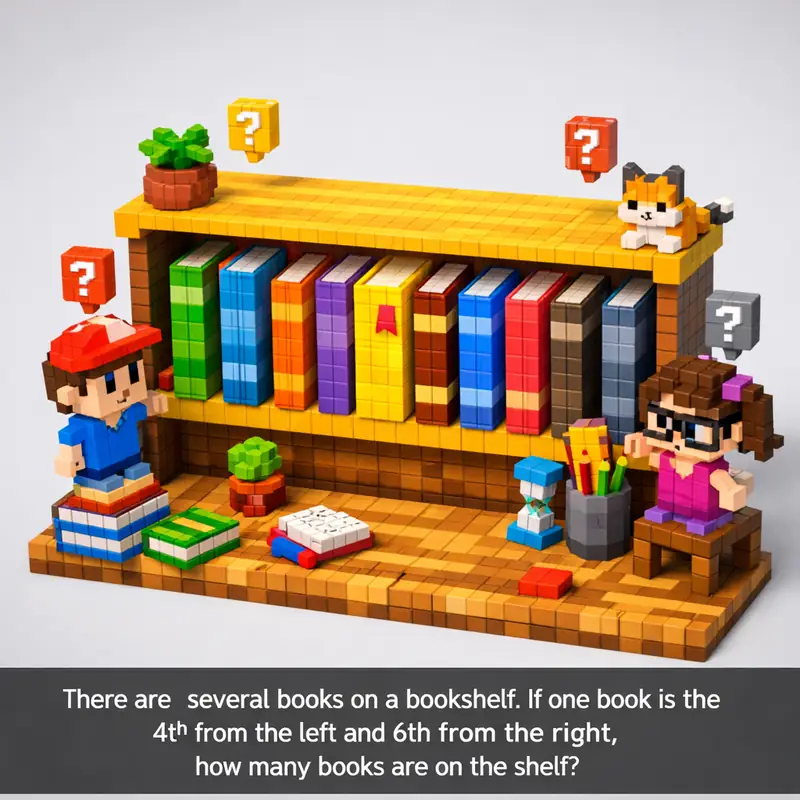 Illustration for riddle: There are several books on a bookshelf. If one book is the 4th from the left and 6th from the right,