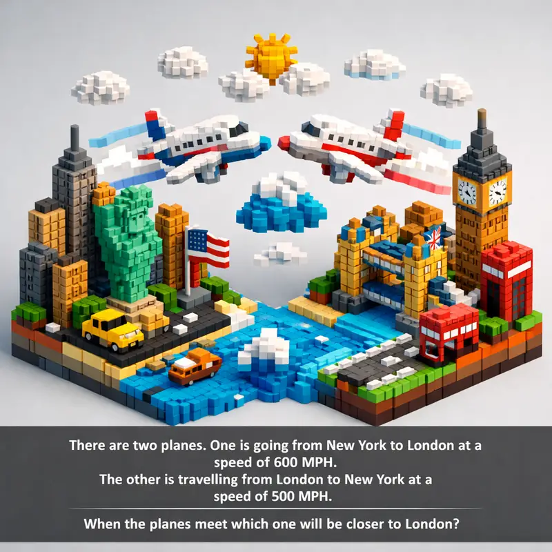 Illustration for riddle: There are two planes. One is going from New York to London at a speed of 600 MPH. The other is trave