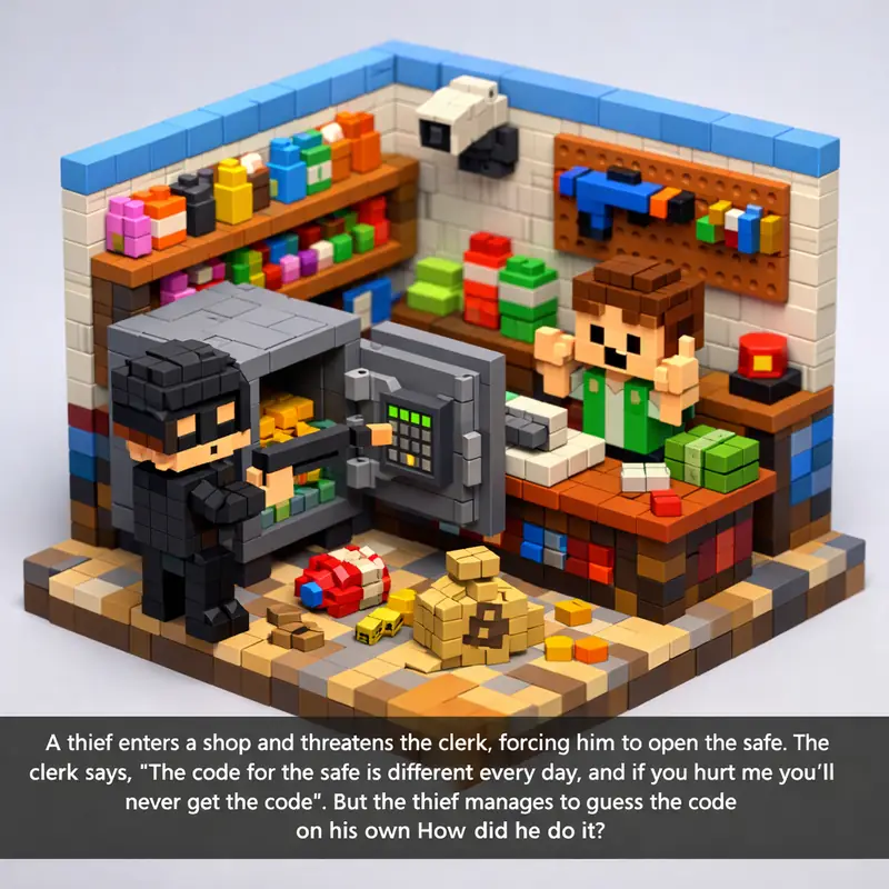 Illustration for riddle: A thief enters a shop and threatens the clerk, forcing him to open the safe. The clerk says, "The co