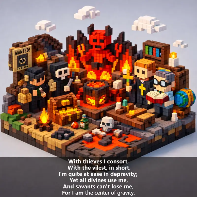 Illustration for riddle: With thieves I consort,
With the vilest, in short,
I'm quite at ease in depravity;
Yet all divines u