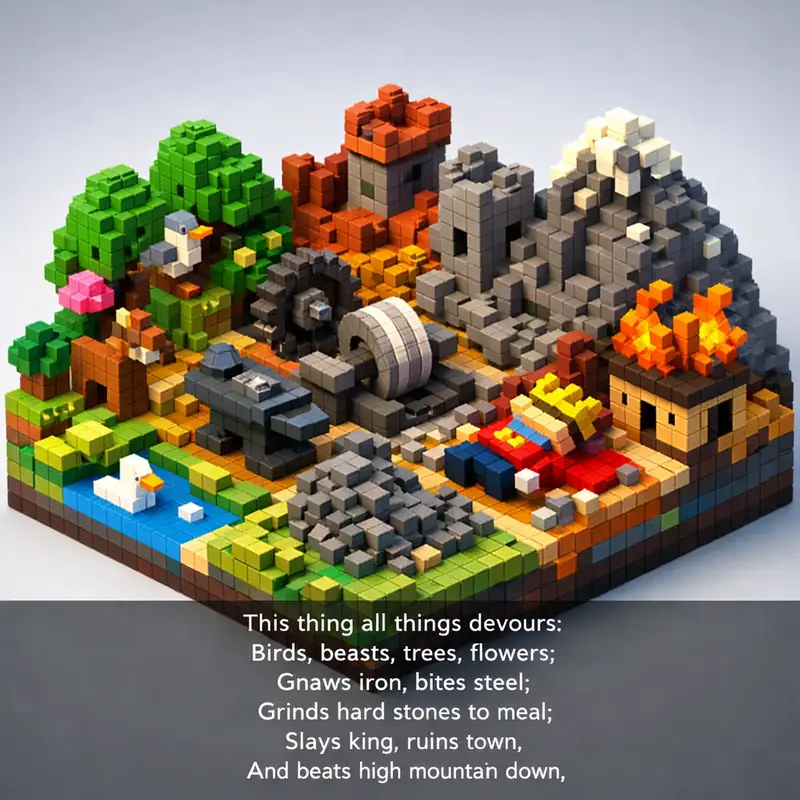 Illustration for riddle: This thing all things devours:
Birds, beasts, trees, flowers;
Gnaws iron, bites steel;
Grinds hard s