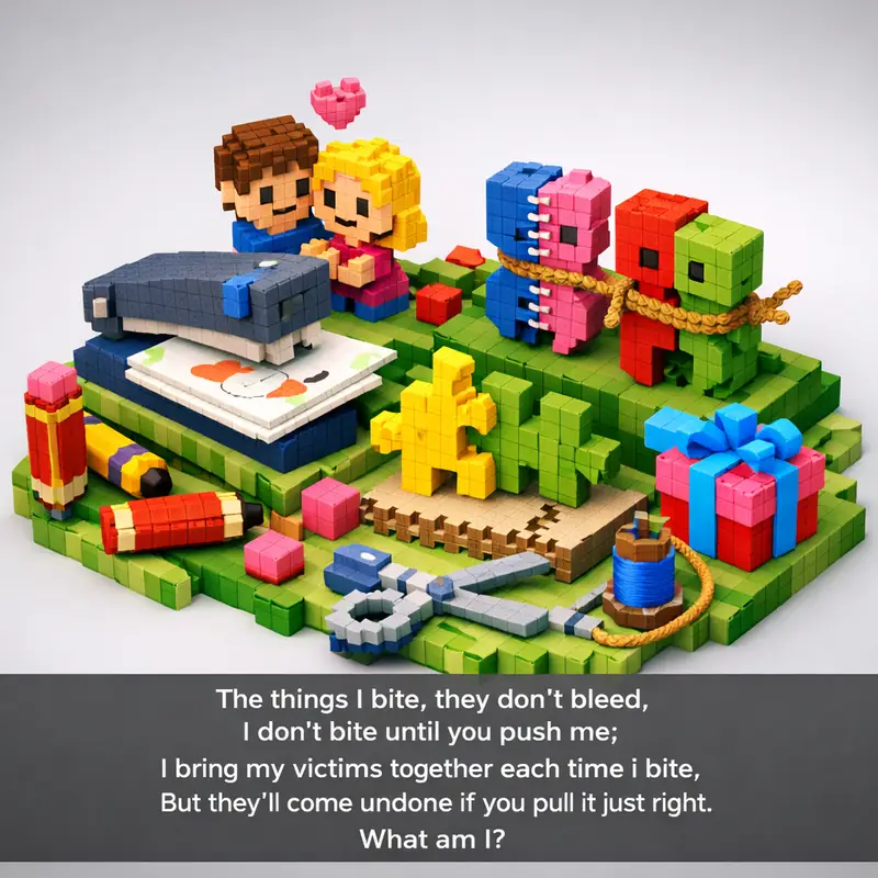 Illustration for riddle: The things I bite, they don't bleed,
I don't bite until you push me;
I bring my victims together eac