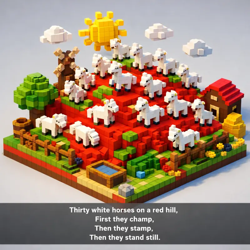 Illustration for riddle: Thirty white horses on a red hill,
First they champ,
Then they stamp,
Then they stand still.