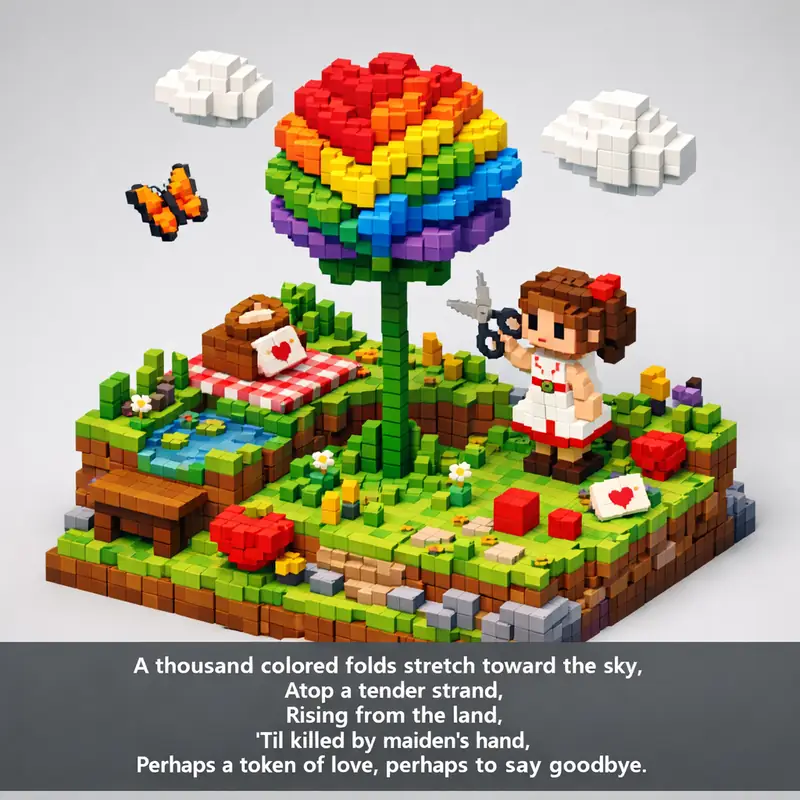 Illustration for riddle: A thousand colored folds stretch toward the sky,
Atop a tender strand,
Rising from the land,
'Til ki