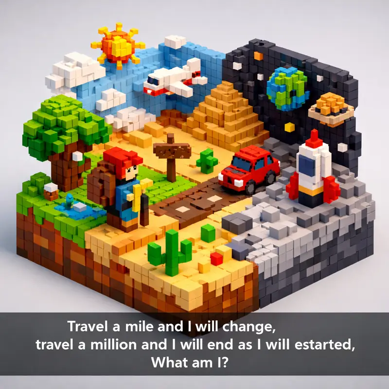 Illustration for riddle: Travel a mile and I will change, travel a million and I will end as I started, What am I?