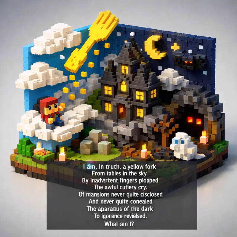 Illustration for riddle: I am, in truth, a yellow fork
From tables in the sky
By inadvertent fingers dropped
The awful cutler