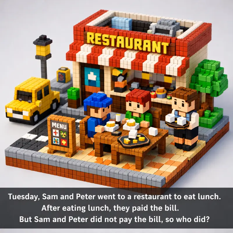Illustration for riddle: Tuesday, Sam and Peter went to a restaurant to eat lunch. After eating lunch, they paid the bill. Bu