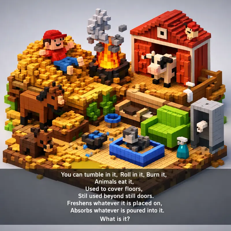 Illustration for riddle: You can tumble in it,
Roll in it, Burn it,
Animals eat it,
Used to cover floors,
Still used beyond s