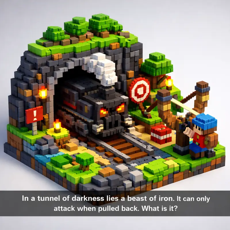 Illustration for riddle: In a tunnel of darkness lies a beast of iron. It can only attack when pulled back. What is it?