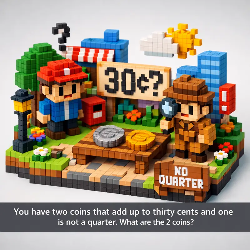 Illustration for riddle: You have two coins that add up to thirty cents and one is not a quarter. What are the 2 coins?