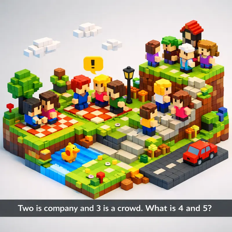 Illustration for riddle: Two is company and 3 is a crowd. What is 4 and 5?