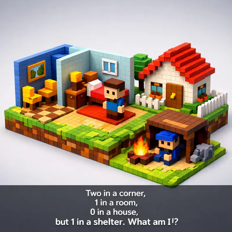 Illustration for riddle: Two in a corner,
1 in a room,
0 in a house, but 1 in a shelter. What am I?