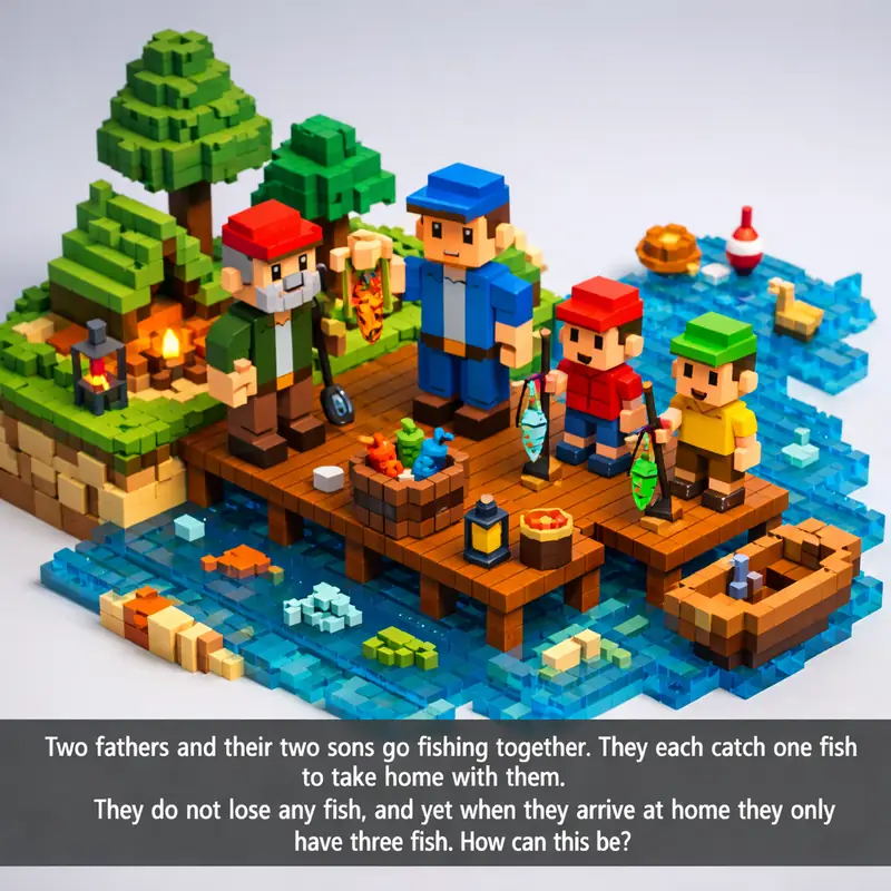 Illustration for riddle: Two fathers and their two sons go fishing together. They each catch one fish to take home with them.