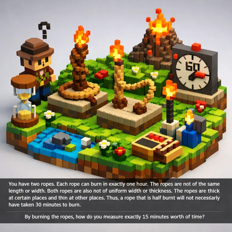 Illustration for riddle: You have two ropes. Each rope can burn in exactly one hour. The ropes are not of the same length or