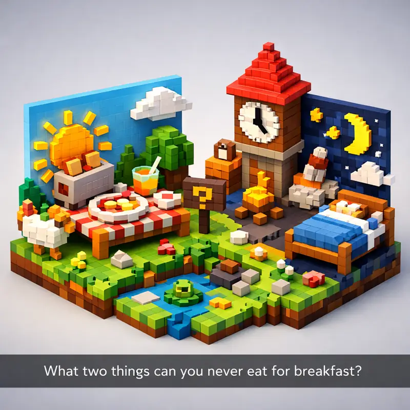 Illustration for riddle: What two things can you never eat for breakfast?