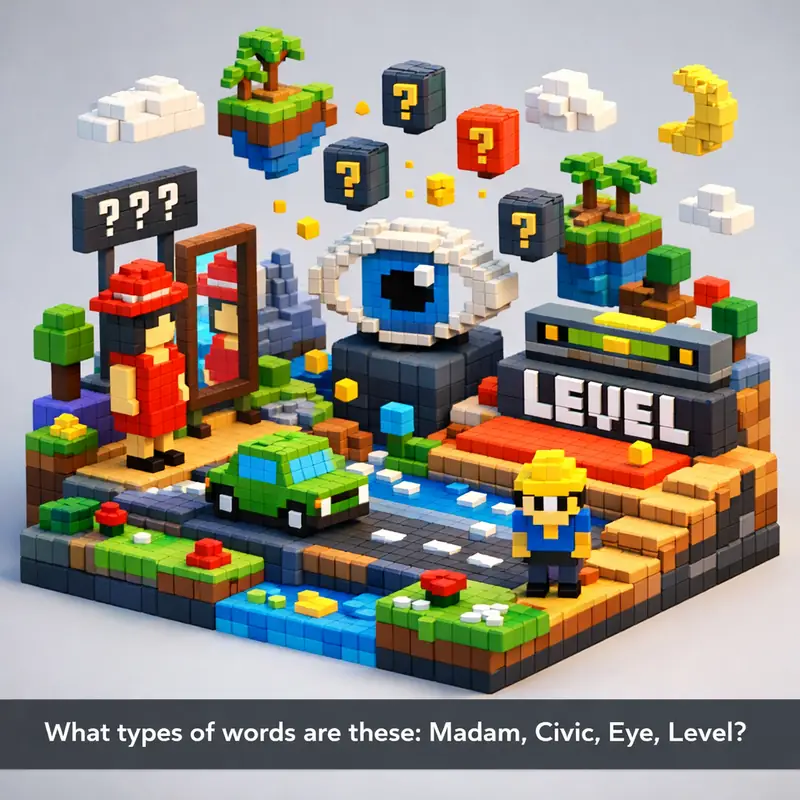 Illustration for riddle: What types of words are these: Madam, Civic, Eye, Level?