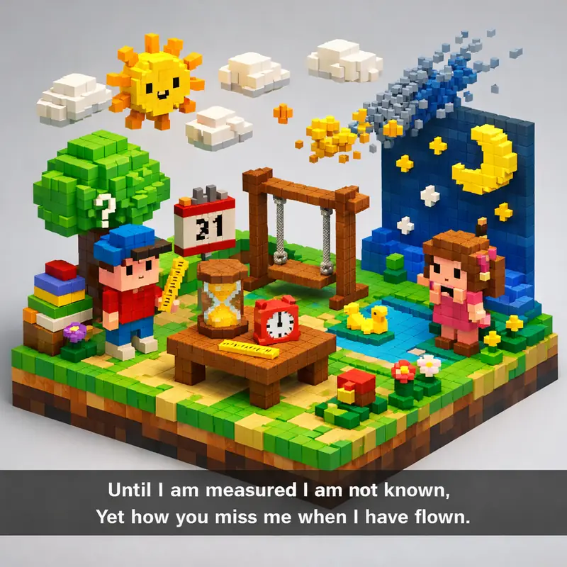 Illustration for riddle: Until I am measured I am not known,
Yet how you miss me when I have flown.