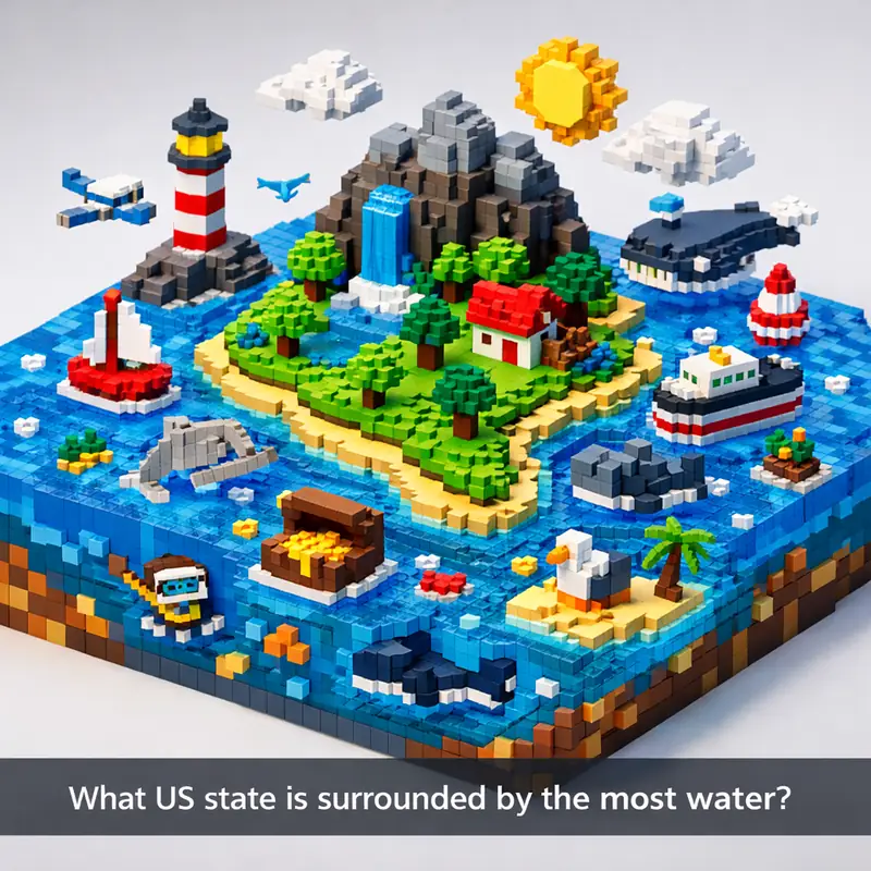 Illustration for riddle: What US state is surrounded by the most water?