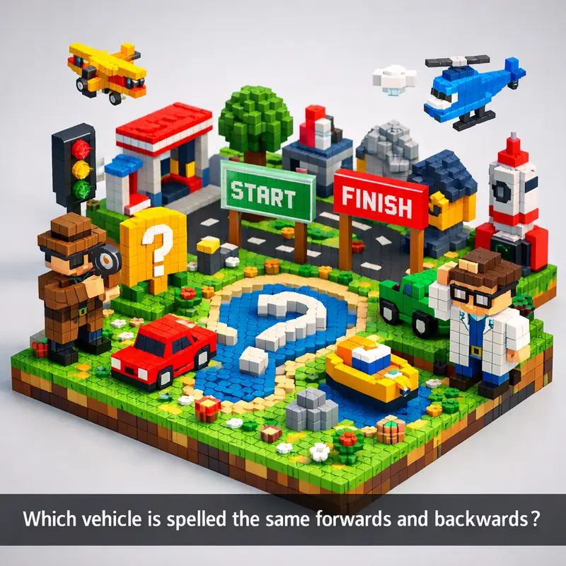 Illustration for riddle: Which vehicle is spelled the same forwards and backwards?
