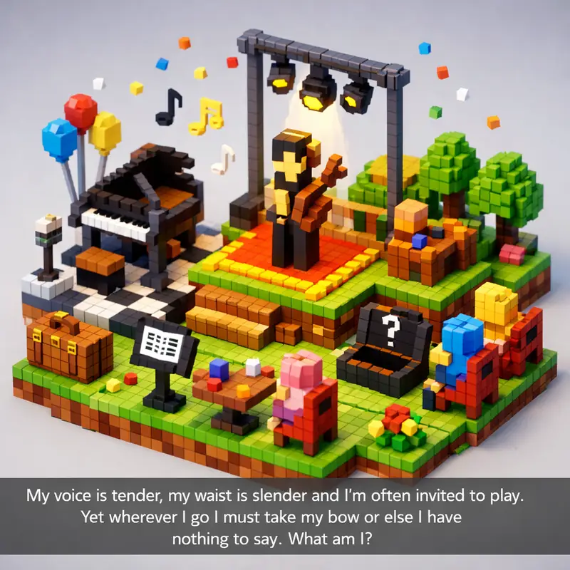 Illustration for riddle: My voice is tender, my waist is slender and I'm often invited to play. Yet wherever I go I must take