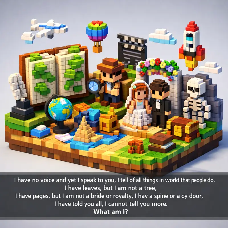 Illustration for riddle: I have no voice and yet I speak to you, I tell of all things in the world that people do. I have lea