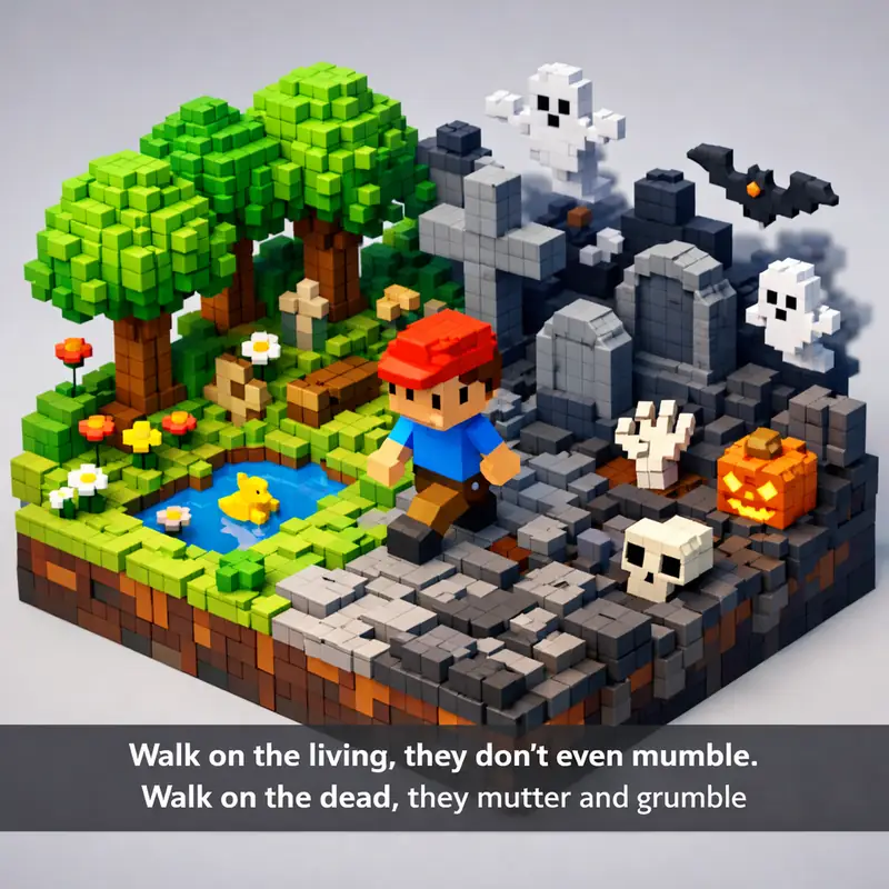 Illustration for riddle: Walk on the living, they don't even mumble. Walk on the dead, they mutter and grumble