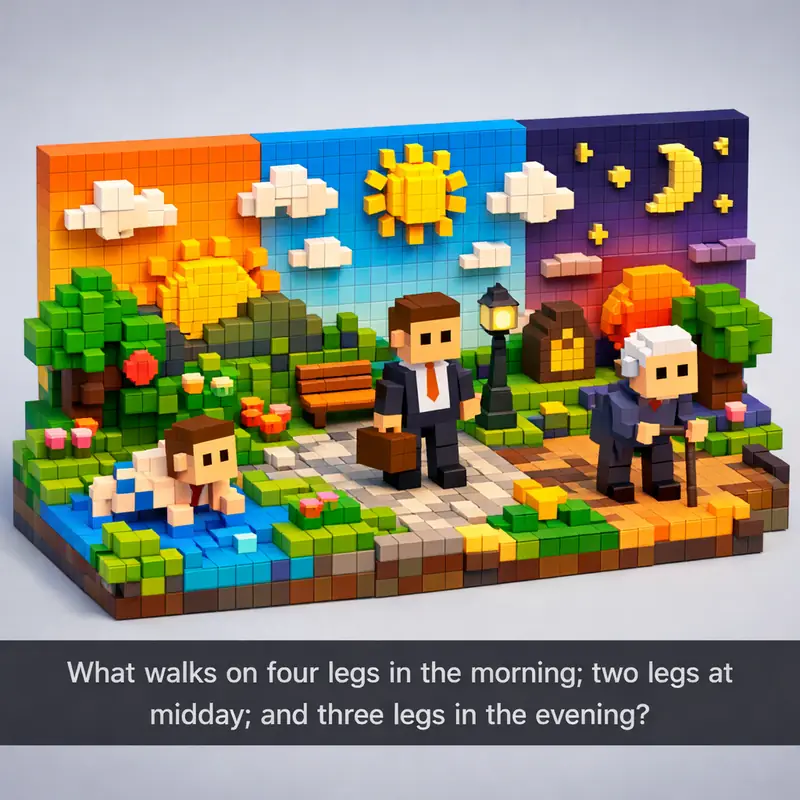 Illustration for riddle: What walks on four legs in the morning; two legs at midday; and three legs in the evening?